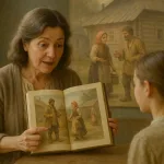 Женщина с книгой на фоне крестьянского быта