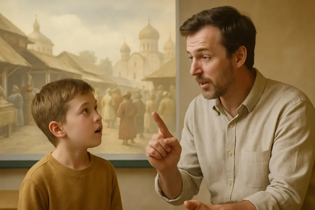 Ребёнок задаёт вопрос на фоне древнерусской ярмарки