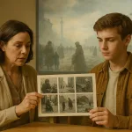 Учитель и ученик смотрят на коллаж на фоне блокады Ленинграда