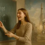 Девушка объясняет тему на фоне полёта в космос