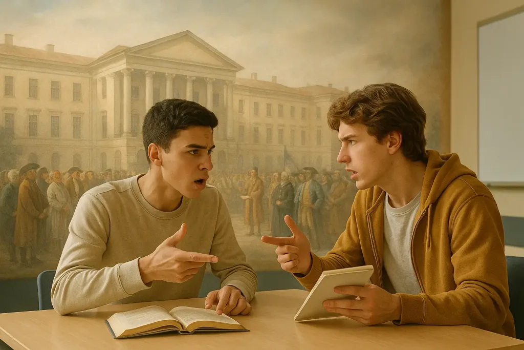 Подростки обсуждают задачу на фоне открытия университета