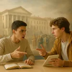 Подростки обсуждают задачу на фоне открытия университета