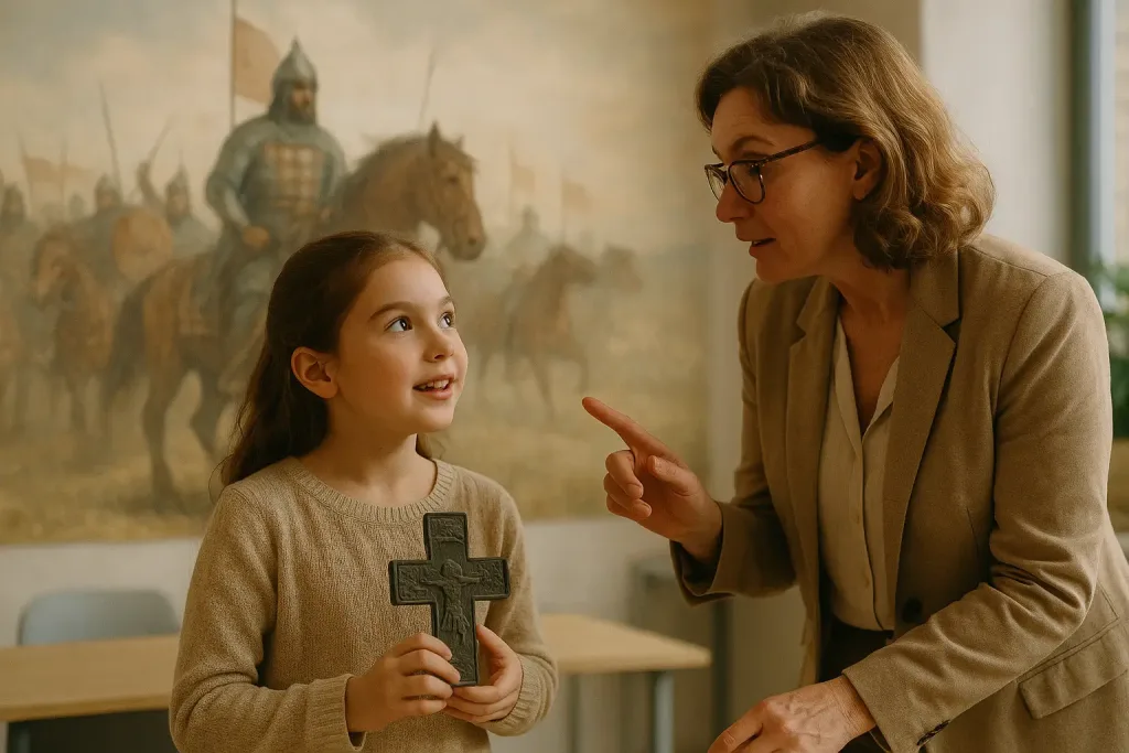 Девочка с артефактом на фоне Куликовской битвы