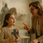 Девочка с артефактом на фоне Куликовской битвы