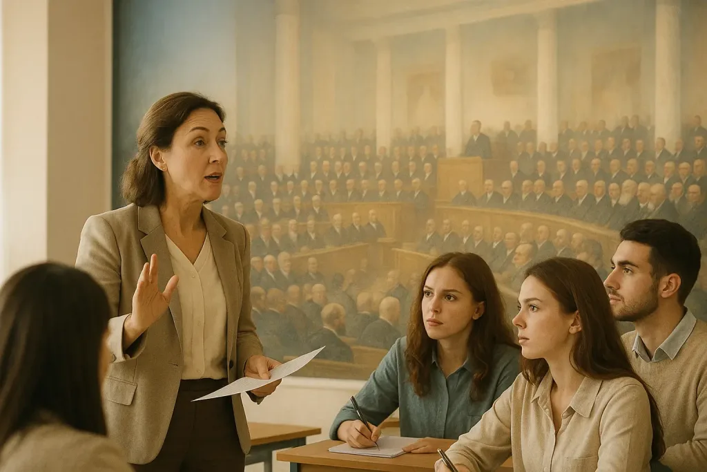 Женщина объясняет на фоне имперской Думы