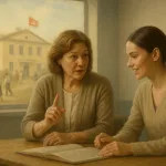Методист объясняет педагогу на фоне школы времён СССР