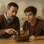 Подросток и взрослый изучают макет на фоне эпохи Петра Первого