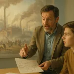 Учитель объясняет схему на фоне индустриализации