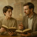 Подросток и наставник обсуждают книгу на фоне царской библиотеки
