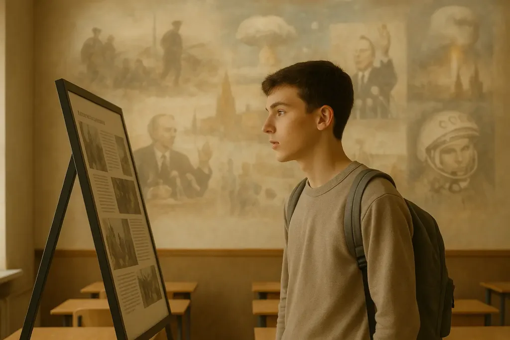 Студент перед стендом на фоне событий XX века