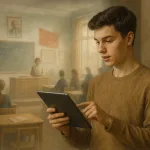 Юноша с планшетом на фоне советского класса