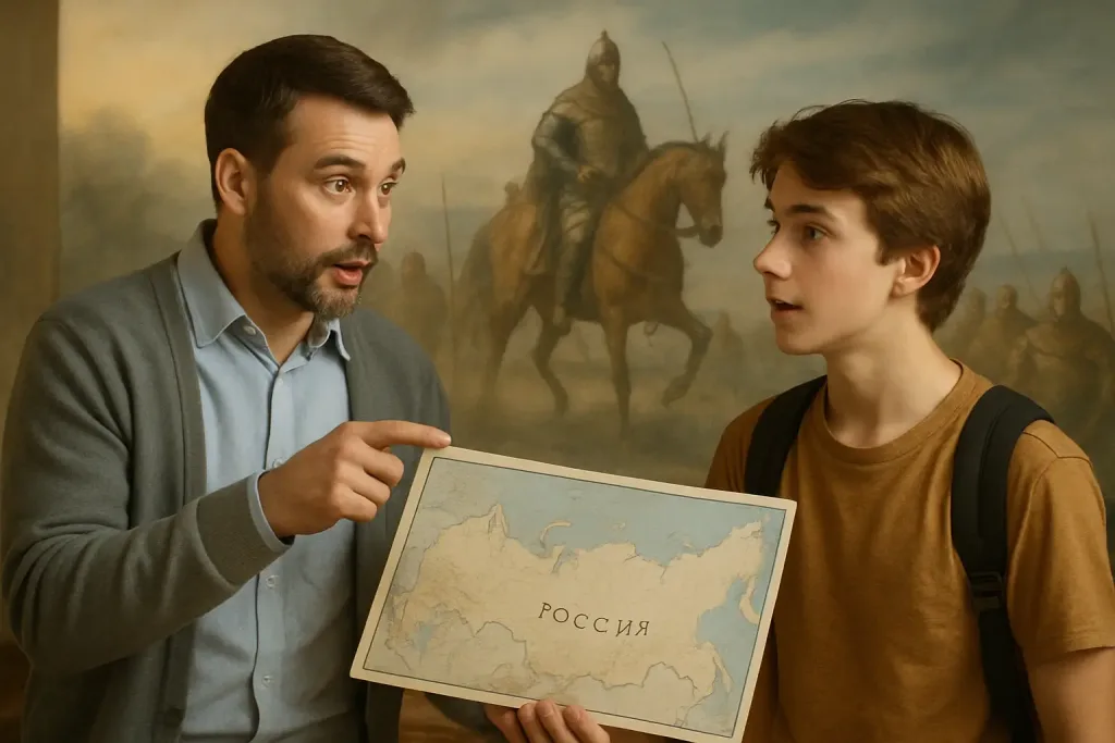 Учитель с картой России объясняет ученику на фоне средневекового похода