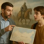 Учитель с картой России объясняет ученику на фоне средневекового похода